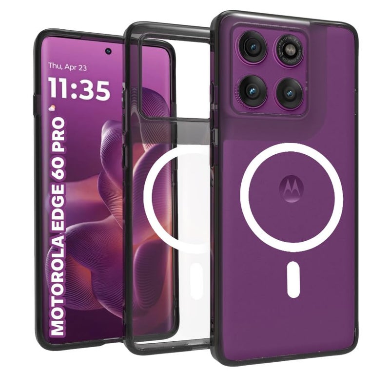 RIGGEAR Shockproof Clear Hybrid Armor Magnetic Back Cover Case Compatible with MagSafe Accessories for Motorola Moto Edge 60 Pro 5G (Clear-Black Bumper and Transparent PC)(White MagRing) - Image 1