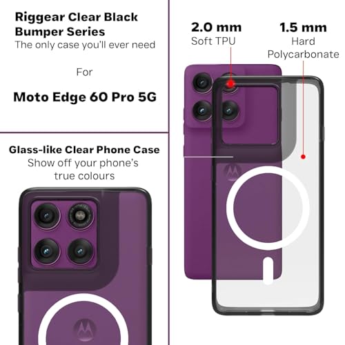 RIGGEAR Shockproof Clear Hybrid Armor Magnetic Back Cover Case Compatible with MagSafe Accessories for Motorola Moto Edge 60 Pro 5G (Clear-Black Bumper and Transparent PC)(White MagRing) - Image 3
