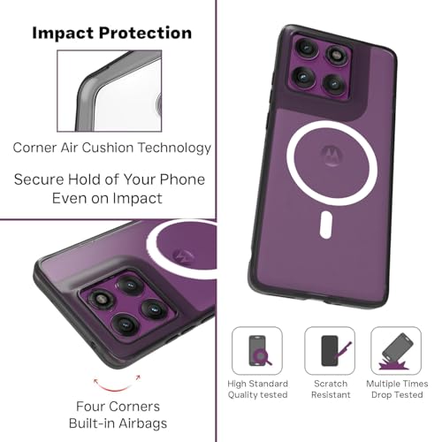 RIGGEAR Shockproof Clear Hybrid Armor Magnetic Back Cover Case Compatible with MagSafe Accessories for Motorola Moto Edge 60 Pro 5G (Clear-Black Bumper and Transparent PC)(White MagRing) - Image 2