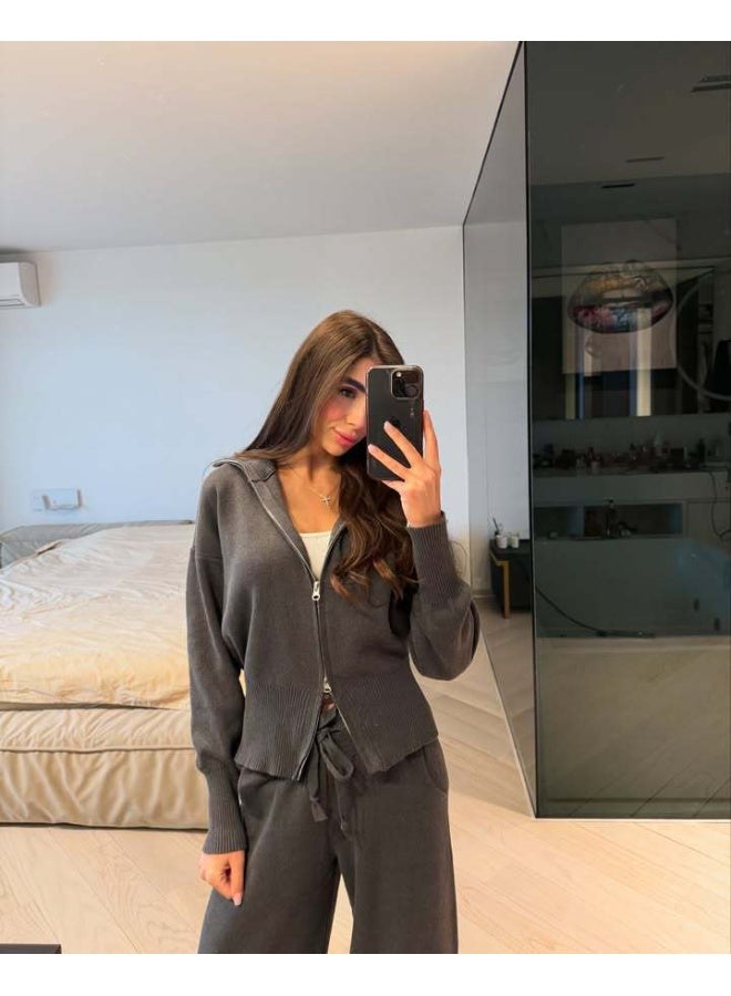 NIBEMINENT Spring Autumn Lady Solid Tracksuit Casual Knitted Cardigan Pants Sets 2 Pieces For Women Stand Collar Zipper Coat Wide Leg Pants - Image 1