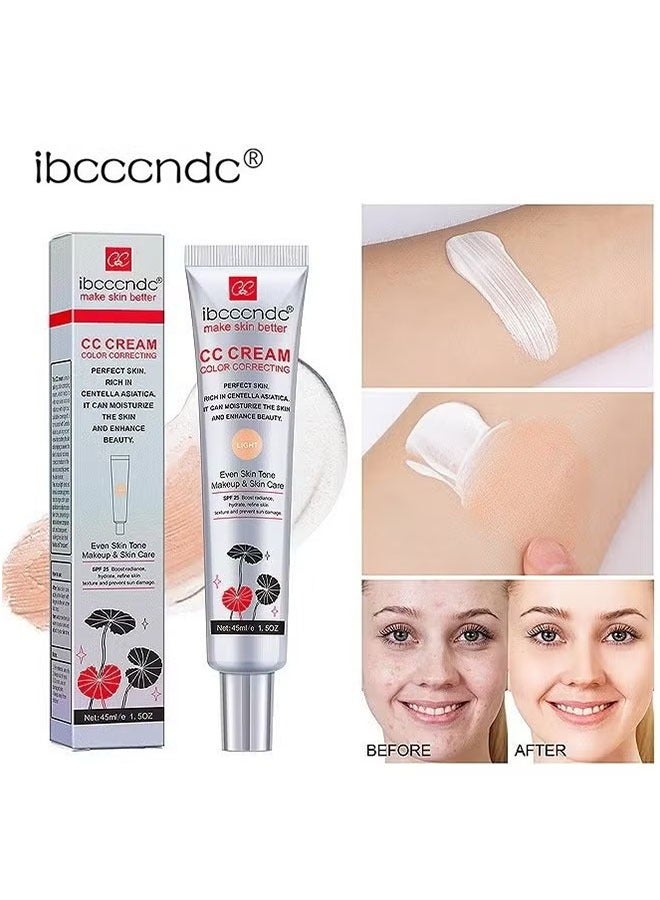ibcccndc Color Correcting CC Cream 45ml, Hydrating CC Cream, Moisturizing Facial Concealer Sunscreen Full Coverage CC Cream with SPF 25, Light - Image 1