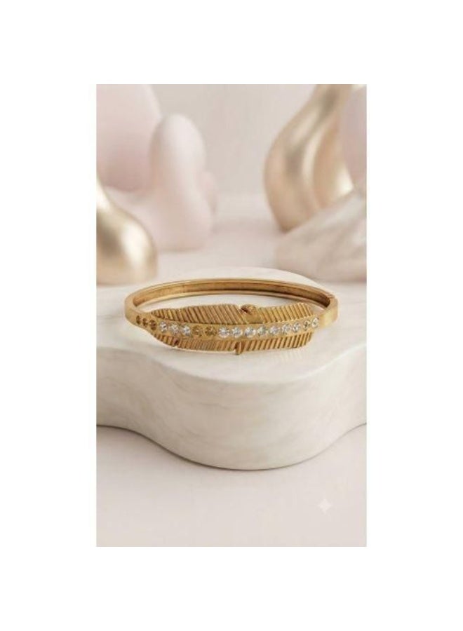 Feather-Inspired Stainless Steel Bangle, Gold Finish with Gradated Crystal Accents