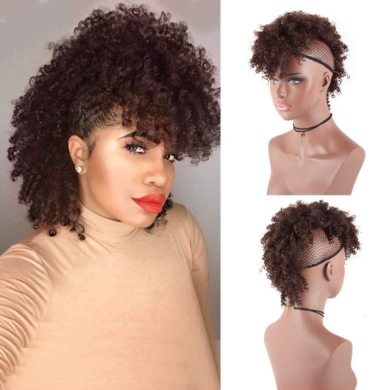 Aisaide High Puff Afro Mohawk Ponytail Short Kinky Curly Ponytail ExtensionMohawk Kinky Synthetic Hair Bun with BangsWrap Updo Clip in Hair Extensions with Six Clips and Two Comb