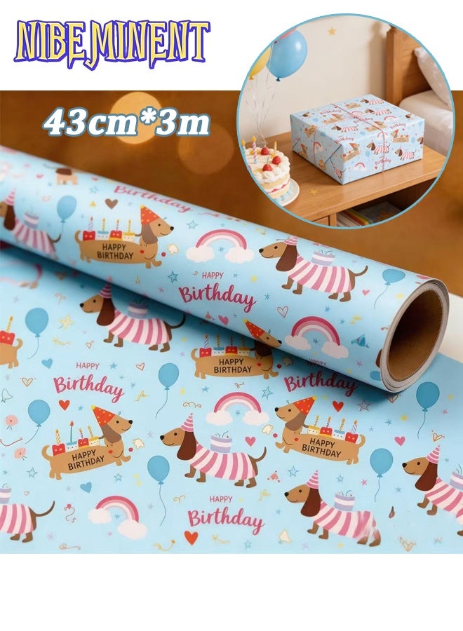 NIBEMINENT 1 Roll of Cute Dachshund Birthday Wrapping Paper (43 cm x 3 m), Cartoon Dachshund Dog Themed Blue Wrapping Paper for Birthday Presents, Party Favors, Baby Shower, Holiday Gift Wrapping Supplies - Image 1