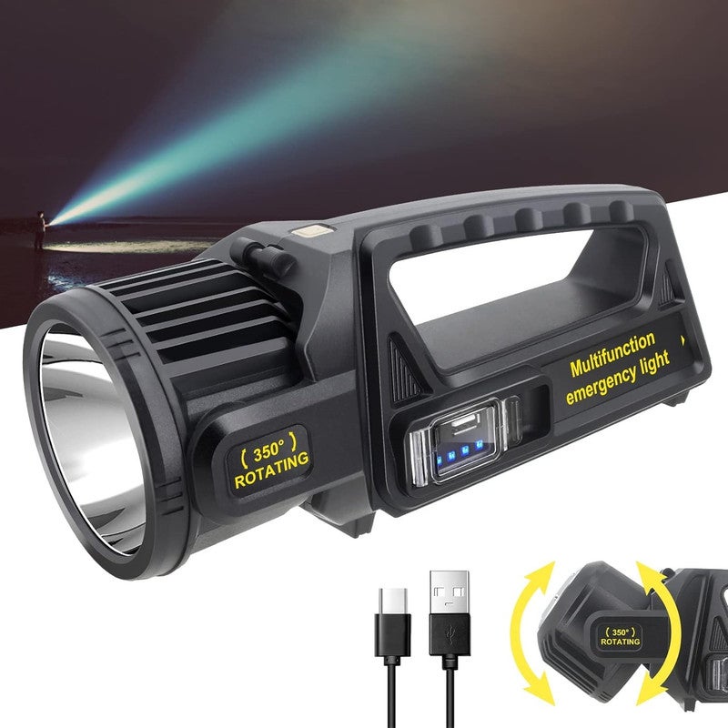 Rechargeable LED Torch, Powerful Torches Spotlight with 350° Rotate Head, 4500mAh Super Bright Seachlight Flashlight Torch 9 Modes, Waterproof Solar Troch for Emergencies (Large)