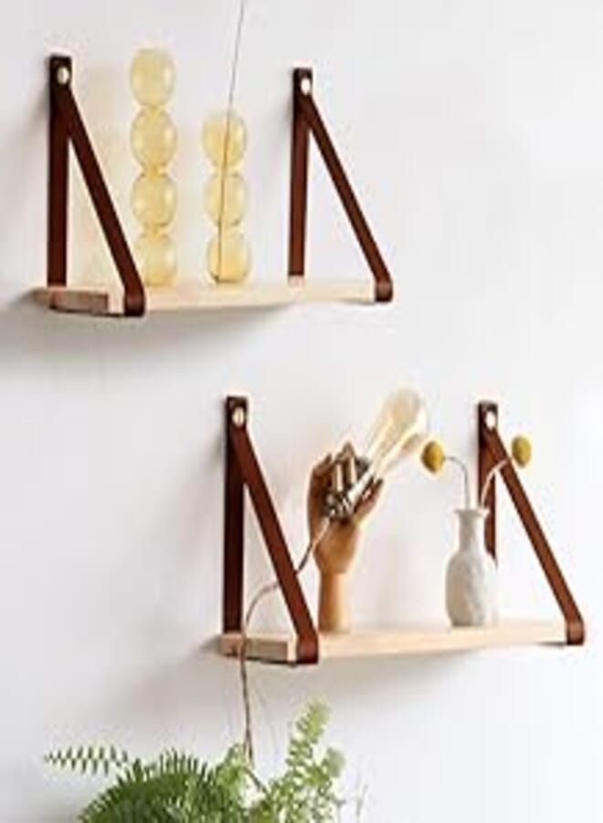 Home Gallery PU Brown Leather Strap Wall Floating Shelf 45X20 Biege 