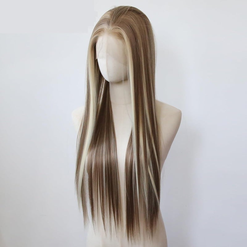 Hair Replacement Platinum Highlight Wig 13x4 Lace Front Wigs Synthetic High Temperature Fibers Soft Glueless(22inches) - Image 5
