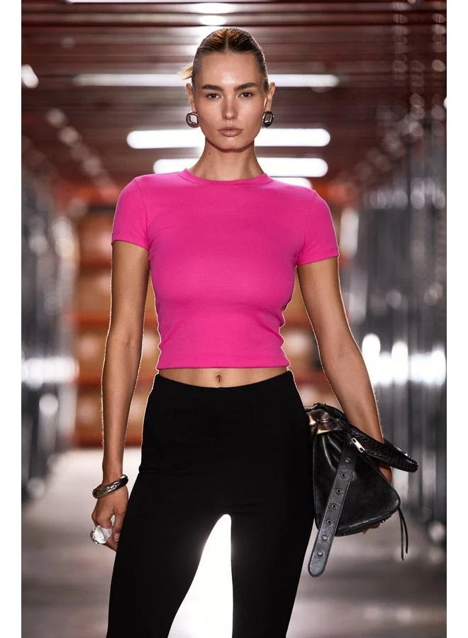 Grimelange HOPEWELL Women's Round Neck Knitted Slim Fit Dark Pink T-Shirt.