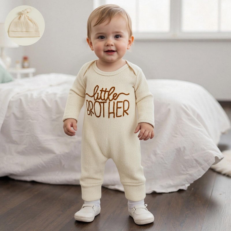 allshope Newborn Baby Boy Fall Outfit Romper Little Brother Lil Bro Long Sleeve Jumpsuit Bodysuit Infant Winter Waffle Clothes (Color Apricot, 3-6 Months) - Image 3