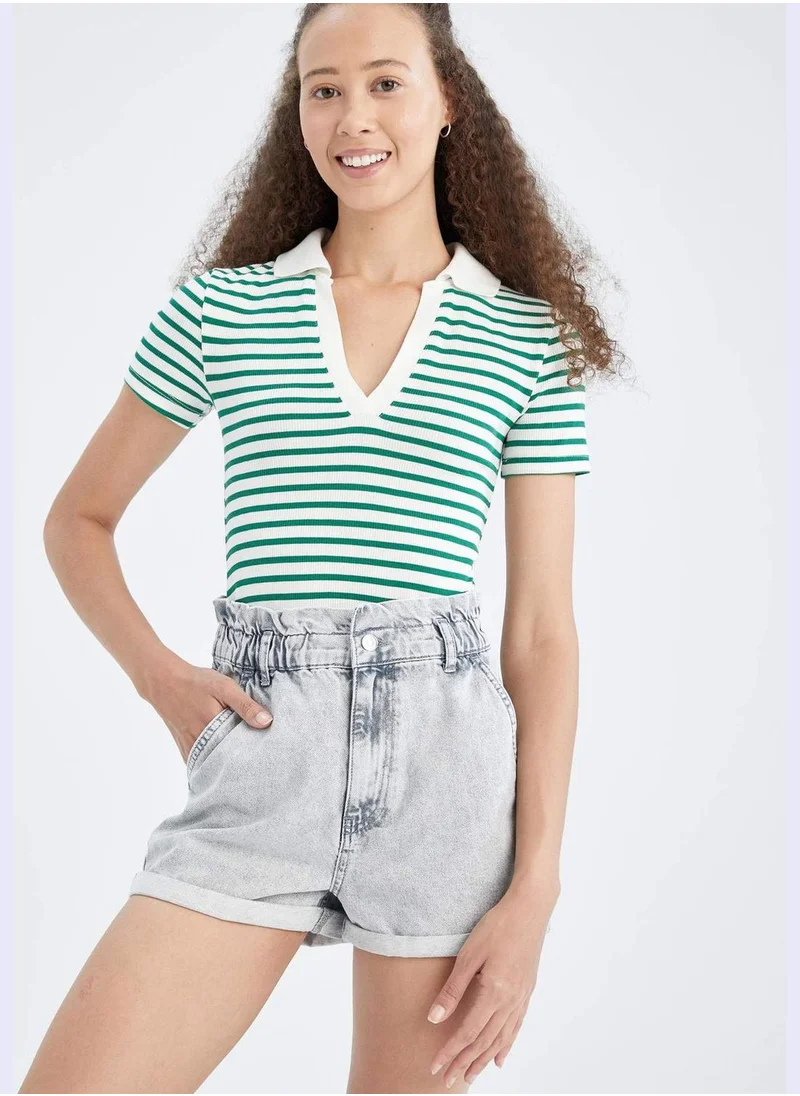 DeFacto Slim Fit V-Neck Short Sleeve Striped Crop Top