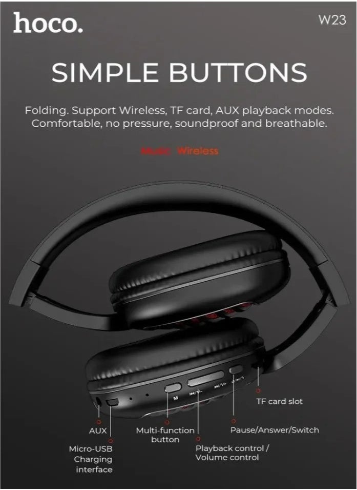 hoco. - HOCO W23 Brilliant Sound Foldable Wireless and Wired Headphones with Mic Support TF Card And AUX Mode, Compatible Mobile Phones, Tablets, Laptop and Computer - Image 1