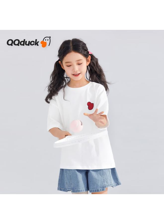 Qq Duck Children's Clothing, Boys' Short-sleeve T-shirt, Trendy Printed Half-sleeve, Youth Wear, Little Duck Mouth Design In White; Size 130