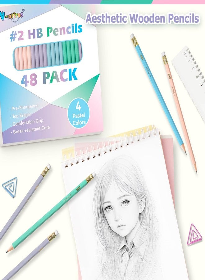 V-Opitos Wood-Cased #2 HB Pencils, 48 Pack Pre-Sharpened Pencils with Top Erasers, Bulk Pastel Color Pencils for School Teacher Supplies, Writing, Drawing and Sketching - Image 2