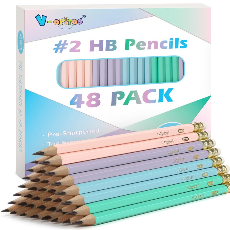 V-Opitos Wood-Cased #2 HB Pencils, 48 Pack Pre-Sharpened Pencils with Top Erasers, Bulk Pastel Color Pencils for School Teacher Supplies, Writing, Drawing and Sketching - Image 1