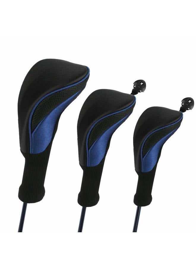 Number-One Golf Club Head Covers for Fairway Woods Driver Hybrids, 3Pcs Long Neck Mesh Golf Club Headcovers Set with Interchangeable No. Tags 3 4 5 6 7 X (Blue) - Image 1