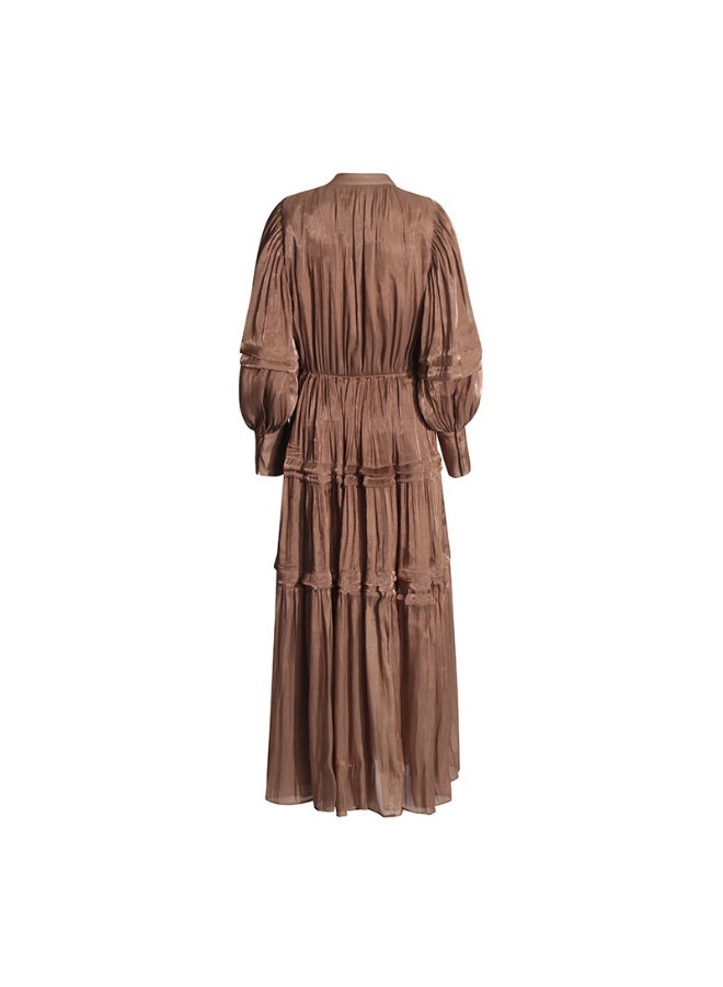 Madam Uniq Brown Pleated Tiered Long - Sleeve Maxi Dress  - Image 3