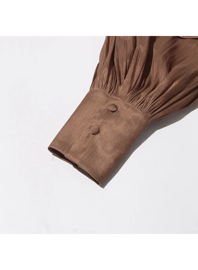 Madam Uniq Brown Pleated Tiered Long - Sleeve Maxi Dress
