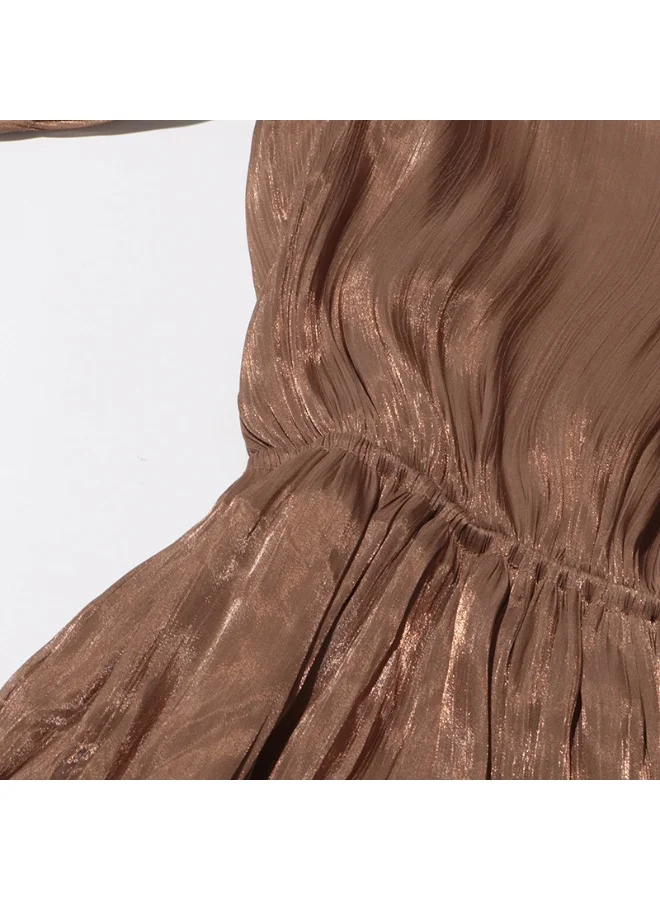 Madam Uniq Brown Pleated Tiered Long - Sleeve Maxi Dress
