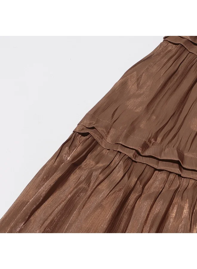 Madam Uniq Brown Pleated Tiered Long - Sleeve Maxi Dress
