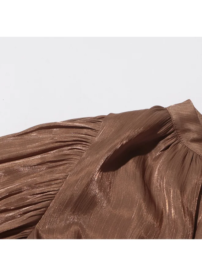 Madam Uniq Brown Pleated Tiered Long - Sleeve Maxi Dress