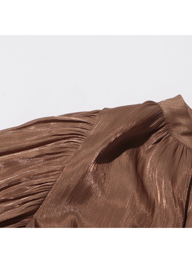 Madam Uniq Brown Pleated Tiered Long - Sleeve Maxi Dress  - Image 4