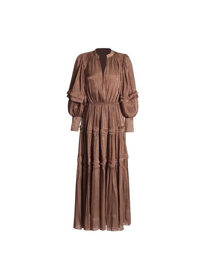 Madam Uniq Brown Pleated Tiered Long - Sleeve Maxi Dress  - Image 2