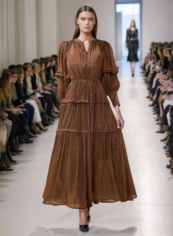 Madam Uniq Brown Pleated Tiered Long - Sleeve Maxi Dress  - Image 1