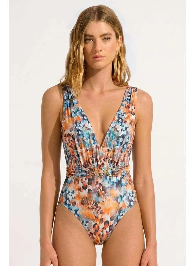 Aytuğ Multicolored V-Cut Swimsuit with Egyptian Accessories.