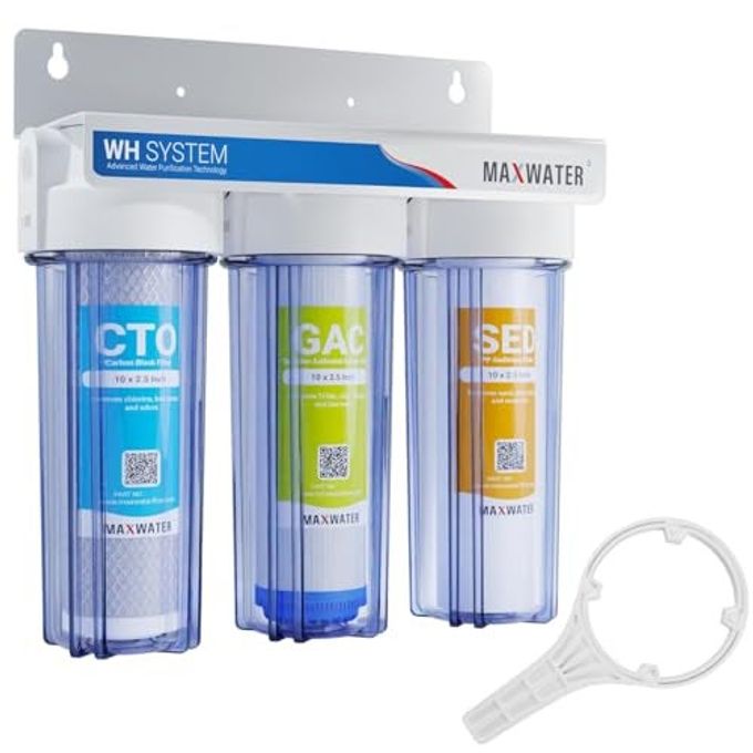 Max Water 3 Stage (Good for City Water) 10 inch Standard Water Filtration System for Whole House - Sediment + GAC + CTO Post Carbon -  Inlet/Outlet - Model : WH-SC2