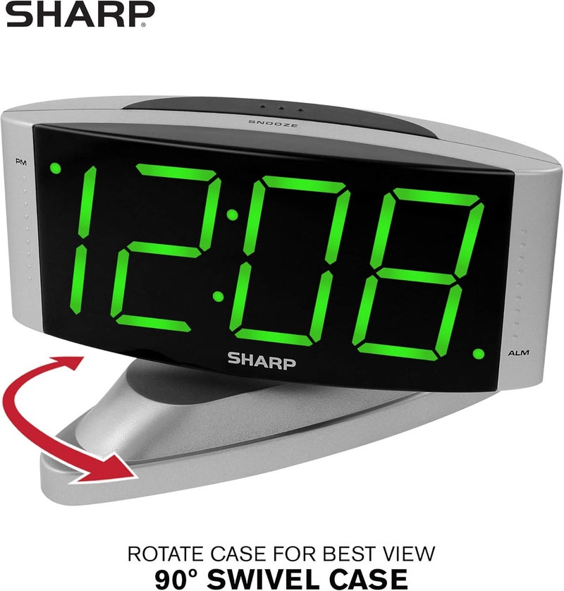 SHARP Home LED Digital Alarm Clock – Swivel Base - Outlet Powered, Simple Operation, Alarm, Snooze, Brightness Dimmer, Big Green Digit Display, Silver Case - Image 2
