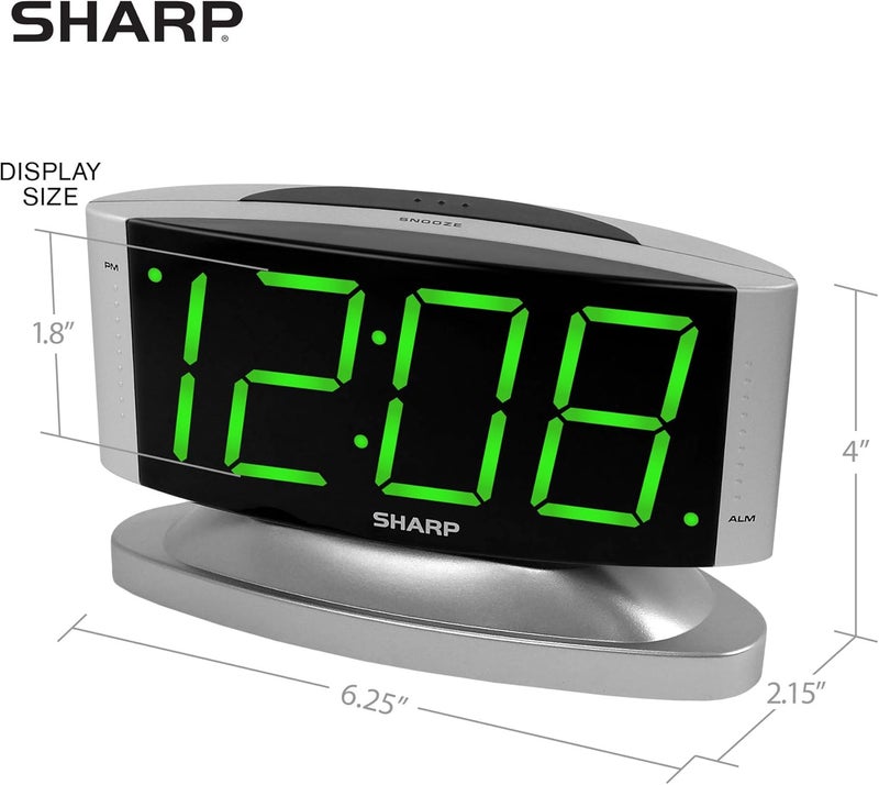 SHARP Home LED Digital Alarm Clock – Swivel Base - Outlet Powered, Simple Operation, Alarm, Snooze, Brightness Dimmer, Big Green Digit Display, Silver Case - Image 4