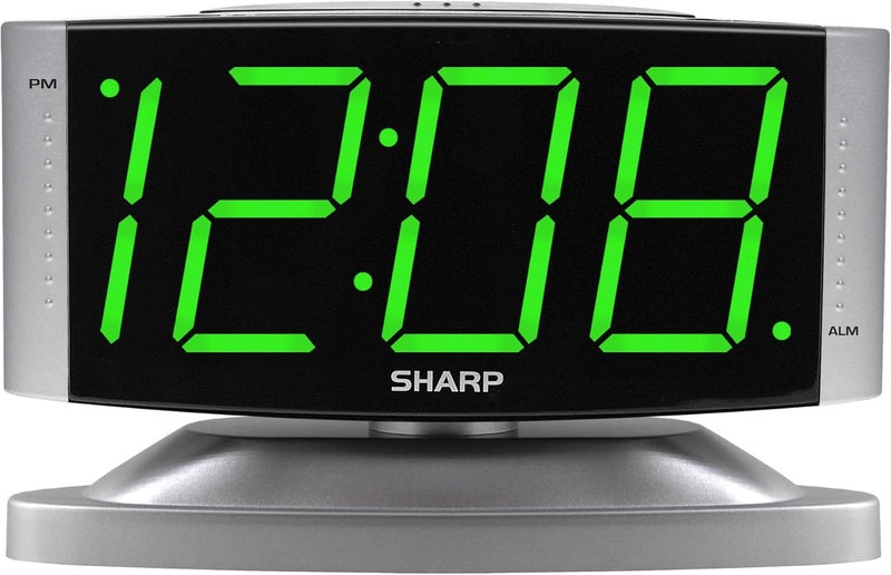 SHARP Home LED Digital Alarm Clock – Swivel Base - Outlet Powered, Simple Operation, Alarm, Snooze, Brightness Dimmer, Big Green Digit Display, Silver Case - Image 1