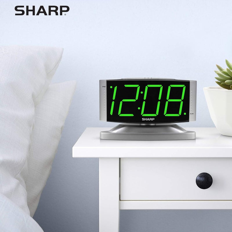 SHARP Home LED Digital Alarm Clock – Swivel Base - Outlet Powered, Simple Operation, Alarm, Snooze, Brightness Dimmer, Big Green Digit Display, Silver Case - Image 5