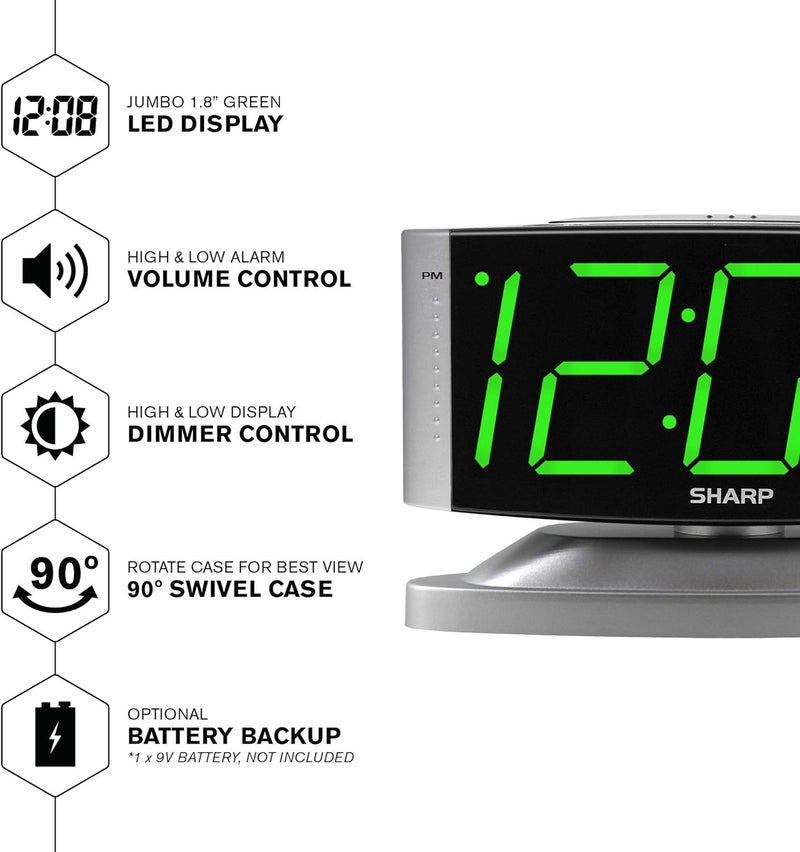 SHARP Home LED Digital Alarm Clock – Swivel Base - Outlet Powered, Simple Operation, Alarm, Snooze, Brightness Dimmer, Big Green Digit Display, Silver Case - Image 3