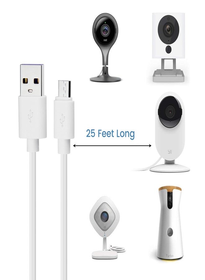 Smays 26 ft Micro-USB Extension Cable Replacement for Security Cameras (Kasa, Blink Mini, Wyze Cam, Yi, Zmodo) & Oculus Go - Extra Long Power Cord, White - Image 2
