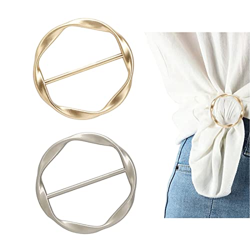 DHATMYC 2PCS Silk Scarf Ring Clip for Women T-shirt Tie Clips Clothing Ring Wrap Holder Fashion Round Circle Clip Belt Buckle (Gold+Silver) - Image 1