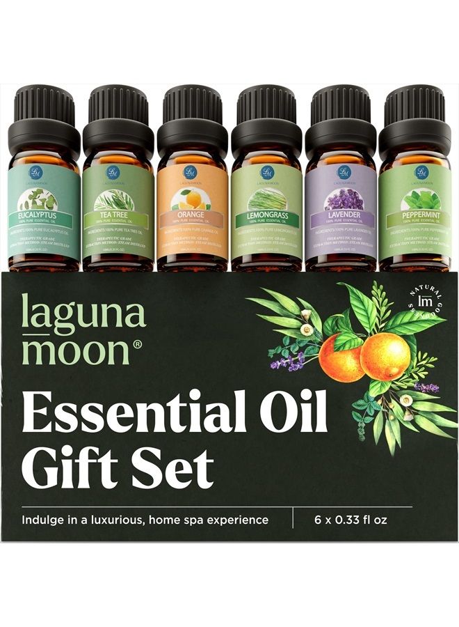 Lagunamoon Essential Oils Set - Top 6 Organic Blends for Diffusers, Home Care, Candle Making, Fragrance, Aromatherapy, Humidifiers, Gifts - Peppermint, Tea Tree, Lavender, Eucalyptus, Lemongrass, Orange (10mL) - Image 1