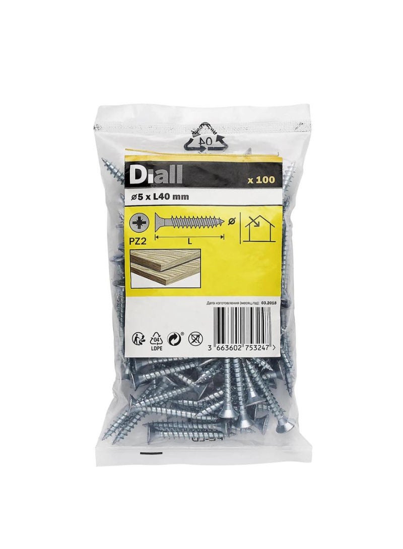 Zinc Plated Carbon Steel Wood Screw Pack 5 X 40 Mm 100 Piece