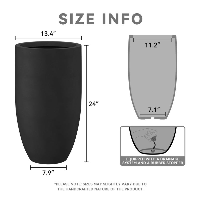 Kante 24 Inch Tall Round Concrete Planter, Large Indoor Outdoor Plant Pots with Drainage Hole and Rubber Plug, Modern Decorative Garden Pots for Home Patio Porch, Black - Image 2