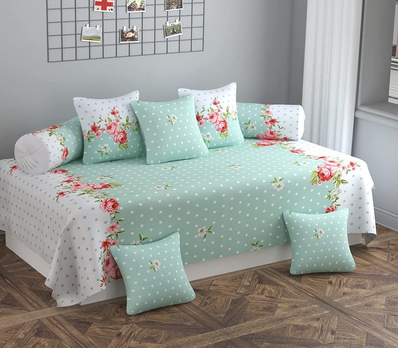 SpangleHomes XL 100% Glace Cotton Diwan Set Soft Cotton, 1 (60 X 90 Inches) Bedsheet,5 (16x 16 inches) Cushion Covers and 2 Booster Covers (8 PCS Set) - Green Center Flower - Image 1