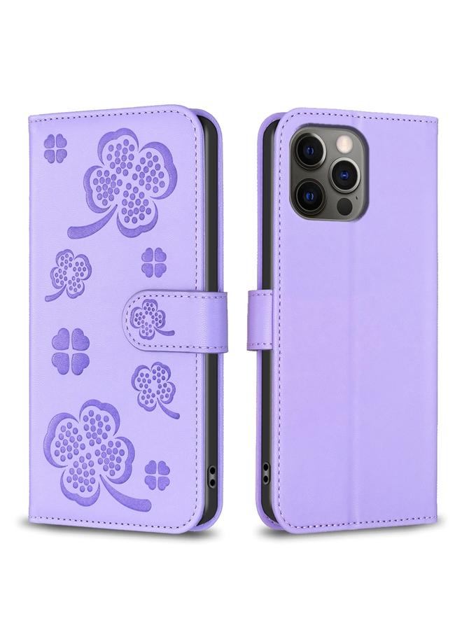 Zaboon Case For iPhone 12 / 12 Pro Four-leaf Embossed Leather Phone Case - Image 1