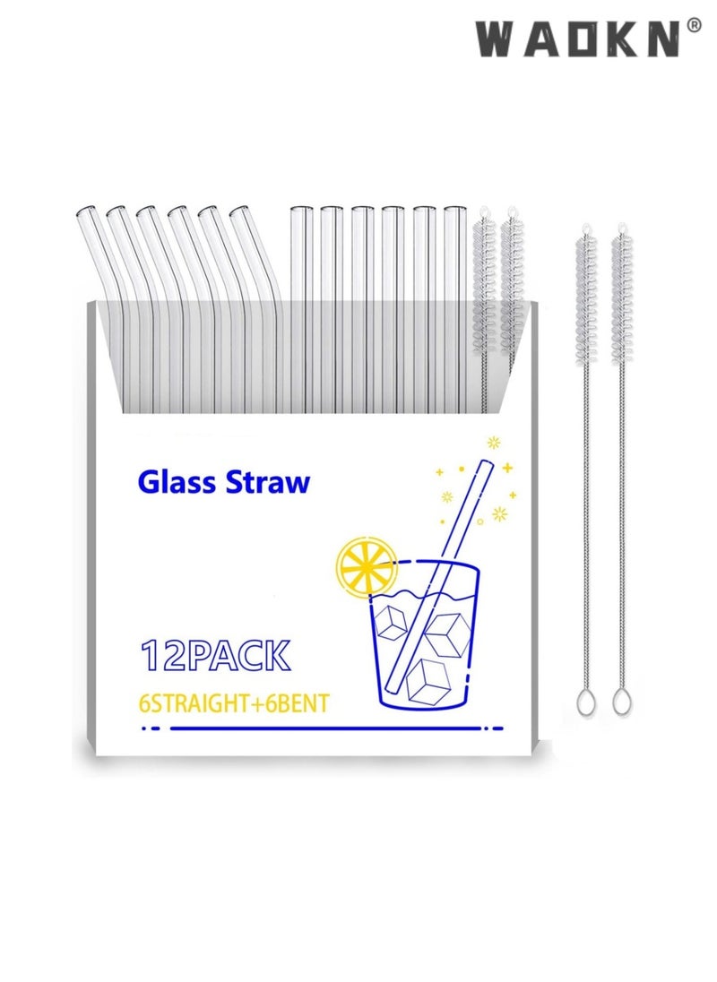 WAOKN - 12PCS Glass Straws Set, Reusable Clear High Temperature Resistance, Drop Resistant, Set of 6 Straight and 6 Bent with 4 Cleaning Brushes, Perfect for Smoothies, Milkshakes,Juice Etc - Image 1