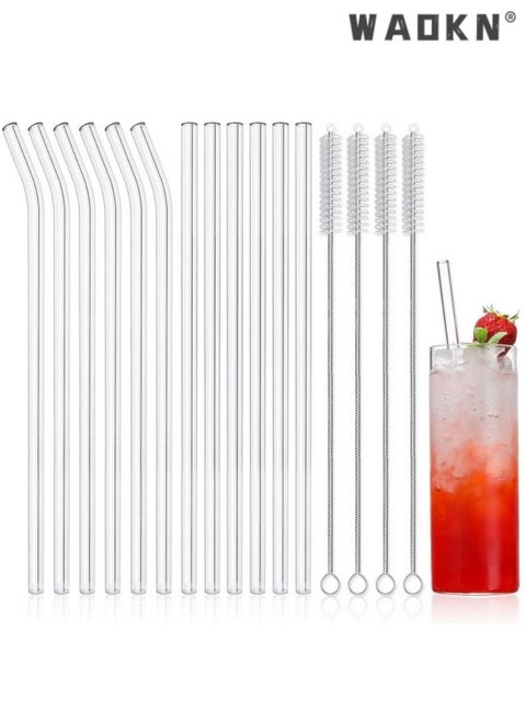 12PCS Glass Straws Set, Reusable Clear High Temperature Resistance, Drop Resistant, Set of 6 Straight and 6 Bent with 4 Cleaning Brushes, Perfect for Smoothies, Milkshakes,Juice Etc