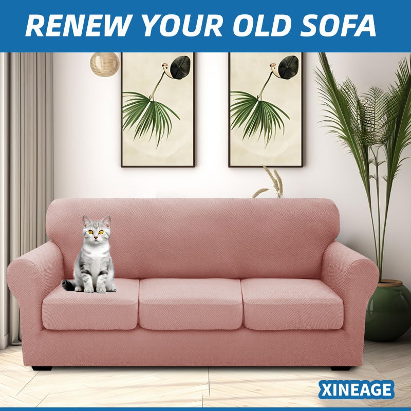 XINEAGE New 4 Pieces Couch Covers for 3 Cushion Couch Super Stretch Thick Soft Sofa Cover Anti Slip Sofa Slipcover Dogs Cats Furniture Protector (Dusty Pink, 71"-91") - Image 2