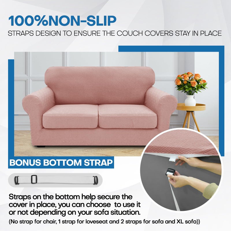 XINEAGE New 4 Pieces Couch Covers for 3 Cushion Couch Super Stretch Thick Soft Sofa Cover Anti Slip Sofa Slipcover Dogs Cats Furniture Protector (Dusty Pink, 71"-91") - Image 5
