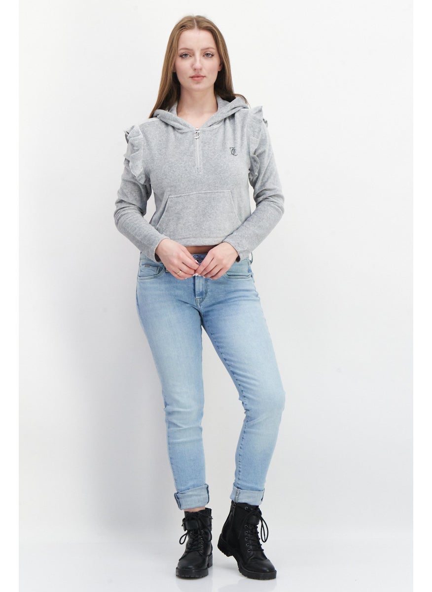 Juicy Couture Women Hooded Long Sleeve Textured Sweatshirt, Grey  - Image 4