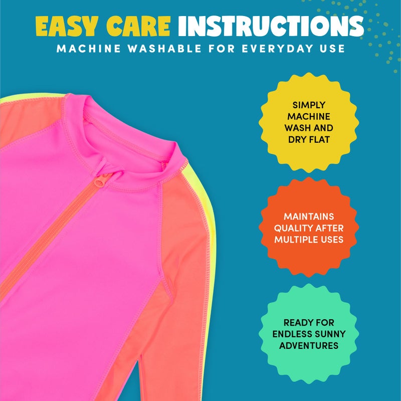 SwimZip Girls' Long-Sleeve UPF 50+ Swimsuit for Baby, Toddler, & Little Girls Neon Pink/Orange - Image 3