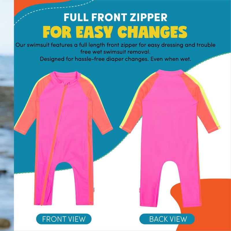 SwimZip Girls' Long-Sleeve UPF 50+ Swimsuit for Baby, Toddler, & Little Girls Neon Pink/Orange - Image 4
