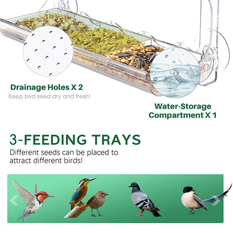 SUNALLY Window Bird Feeder for Outdoors, Clear Bird Feeders Window Mounted with Strong Suction Cups, Transparent Birds House Outside Wild Watching for Garden, Yard, Elderly Kids Viewing - Image 3