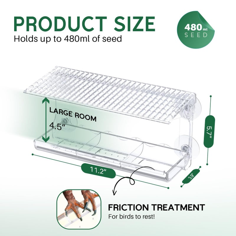 SUNALLY Window Bird Feeder for Outdoors, Clear Bird Feeders Window Mounted with Strong Suction Cups, Transparent Birds House Outside Wild Watching for Garden, Yard, Elderly Kids Viewing - Image 2